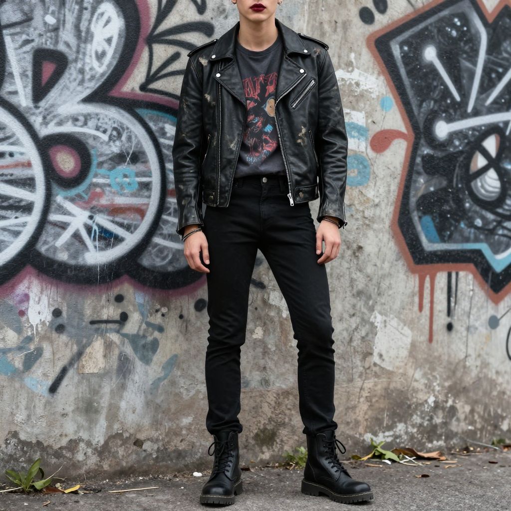 Leather jacket over band tee and black jeans outfit