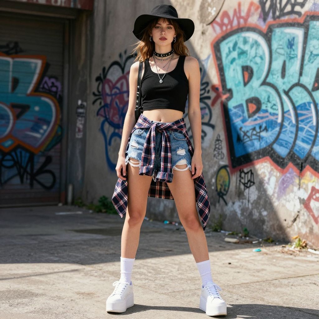 Plaid shirt tied at the waist with ripped shorts outfit