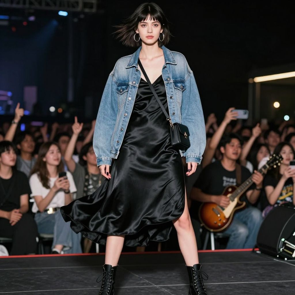 Oversized denim jacket with slip dress and combat boots outfit