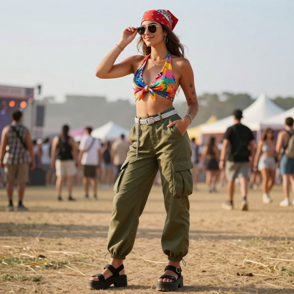 Bandana top with high waisted cargo pants outfit