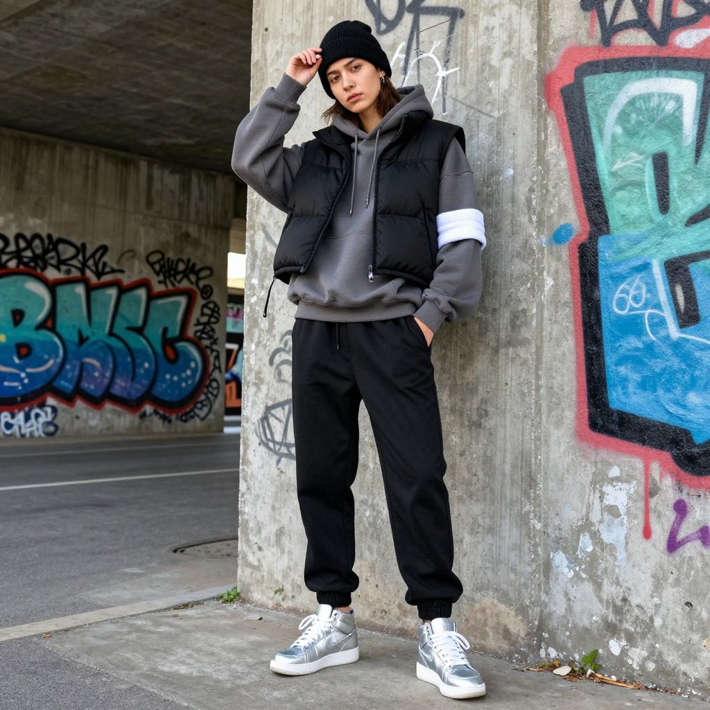Cloaked hoodie under cropped puffer vest with jogger pants outfit