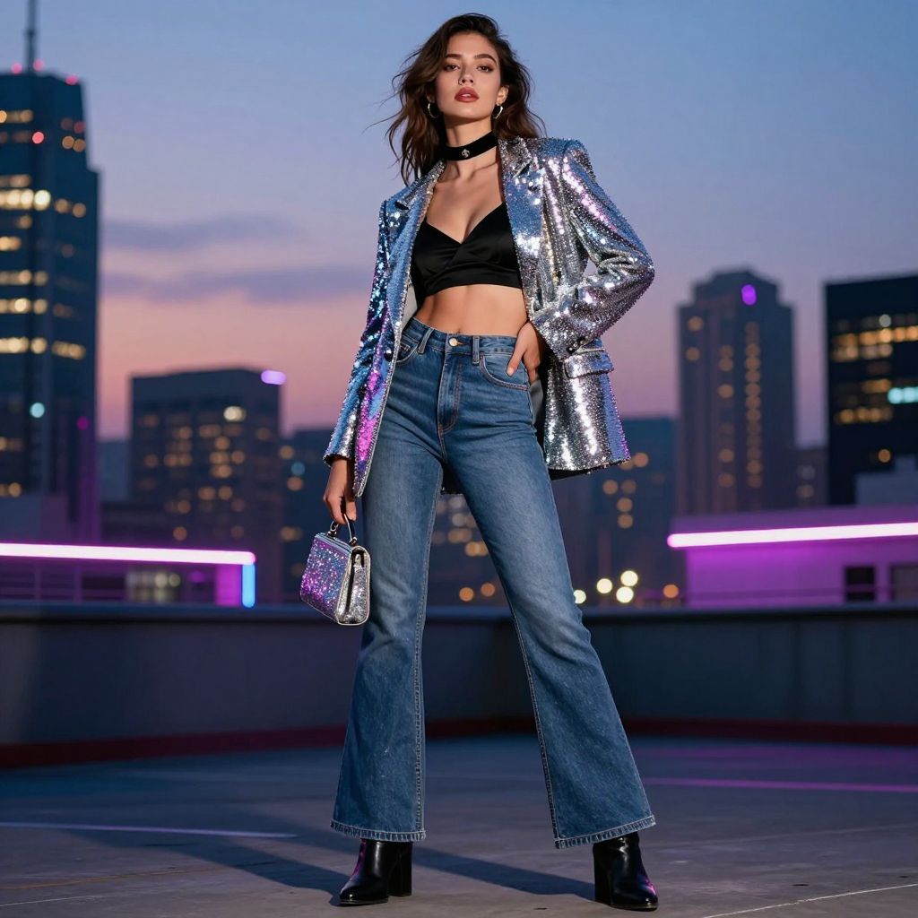 Sequin blazer over cropped bralette and flare jeans outfit