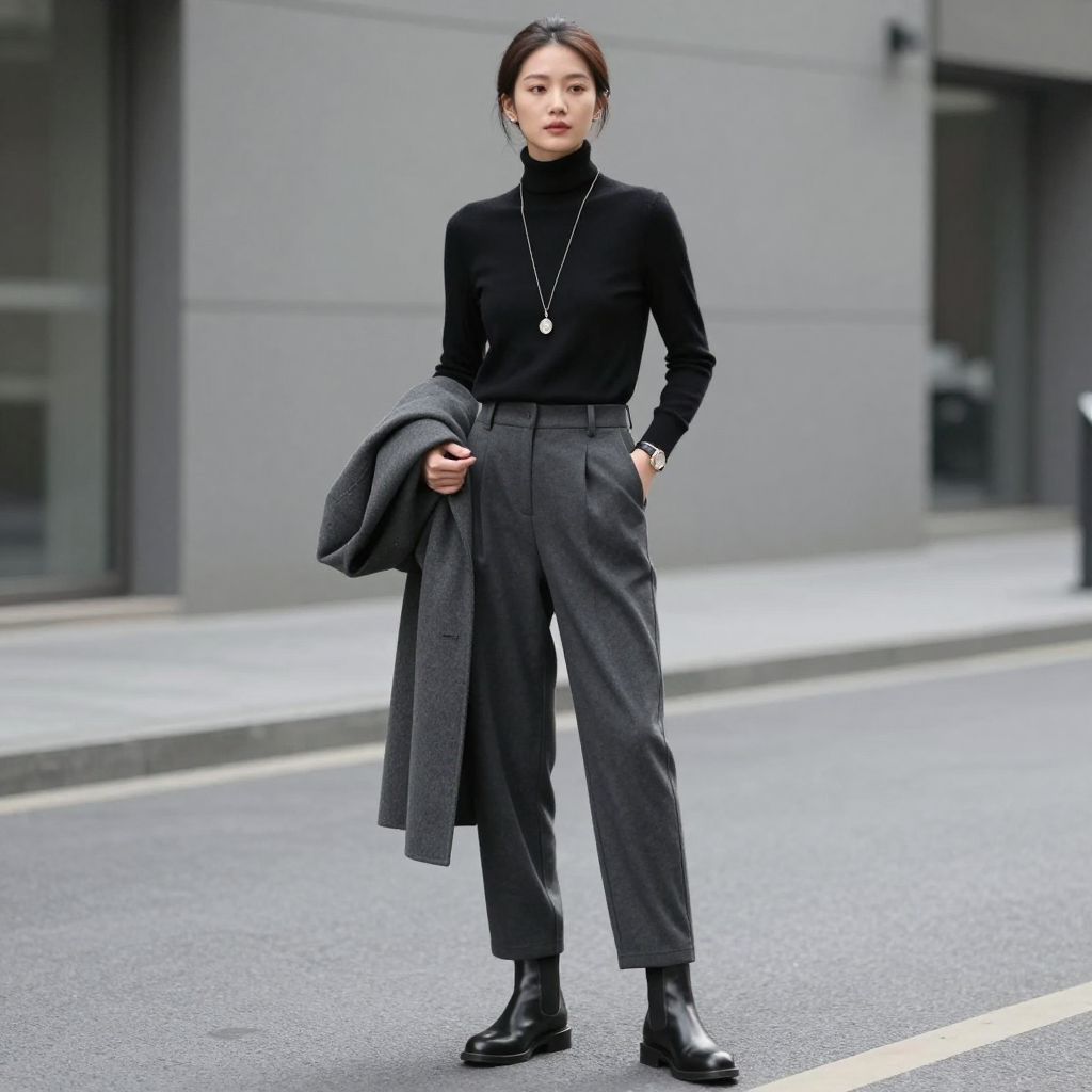 Black Turtleneck And Pleat Trousers