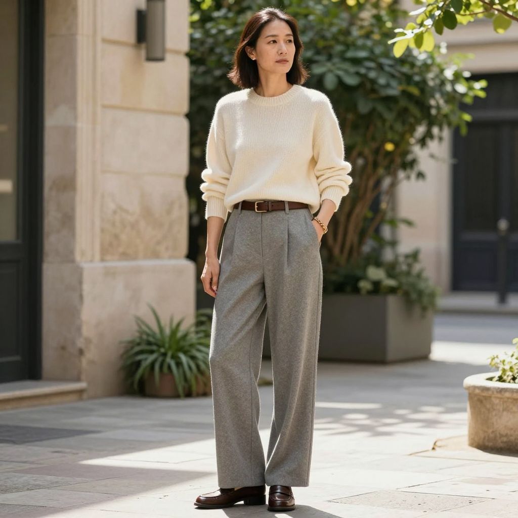 Cream Knit And Wide Leg Trousers