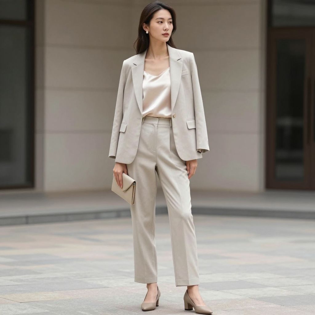 Soft Neutral Suit With Silk Camisole