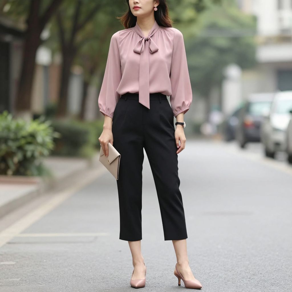 Dusty Rose Blouse And Black Culottes