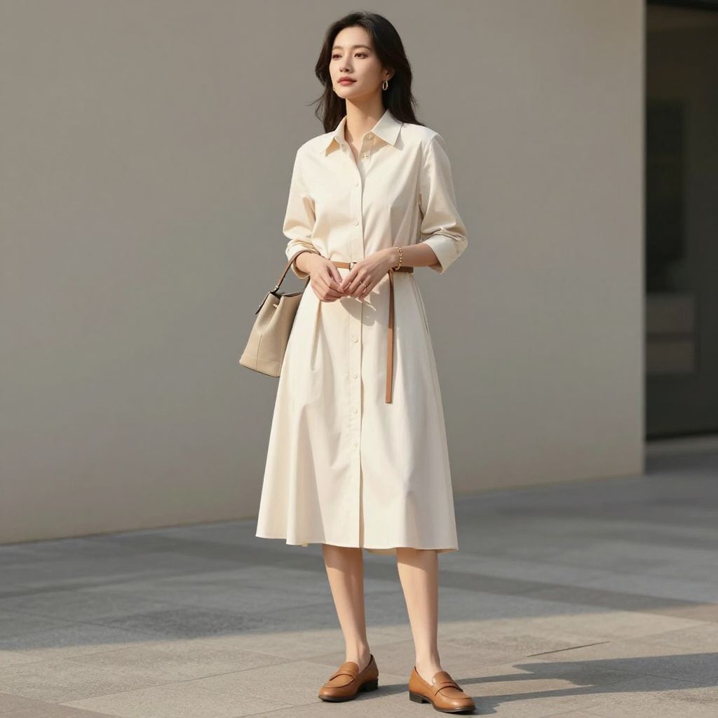 Ivory Shirt Dress With Thin Belt