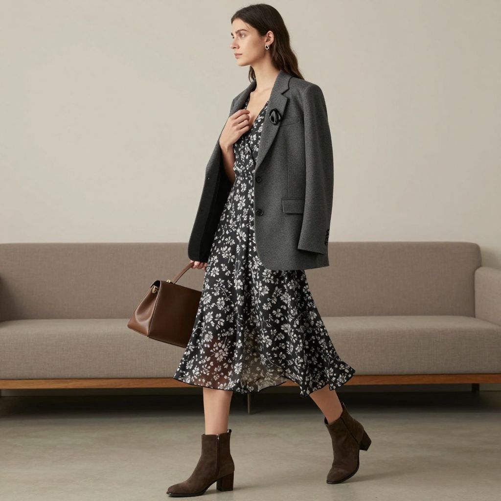 Graphite Blazer Over Soft Floral Midi