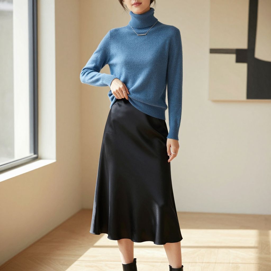 Steel Blue Cashmere Turtleneck And Black Slip Skirt