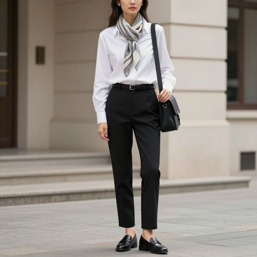 Classic Black Dress Pants And Soft Pattern Scarf
