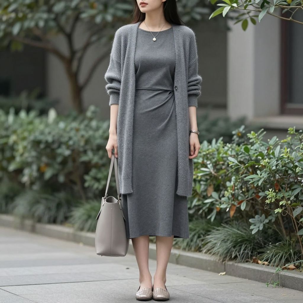 Charcoal Midi Dress With Soft Cardigan