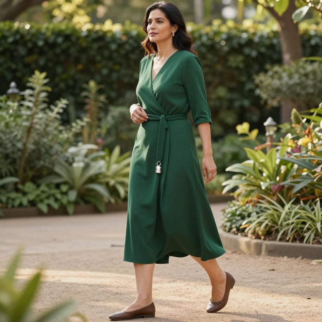 Deep Green Wrap Dress And Leather Flats