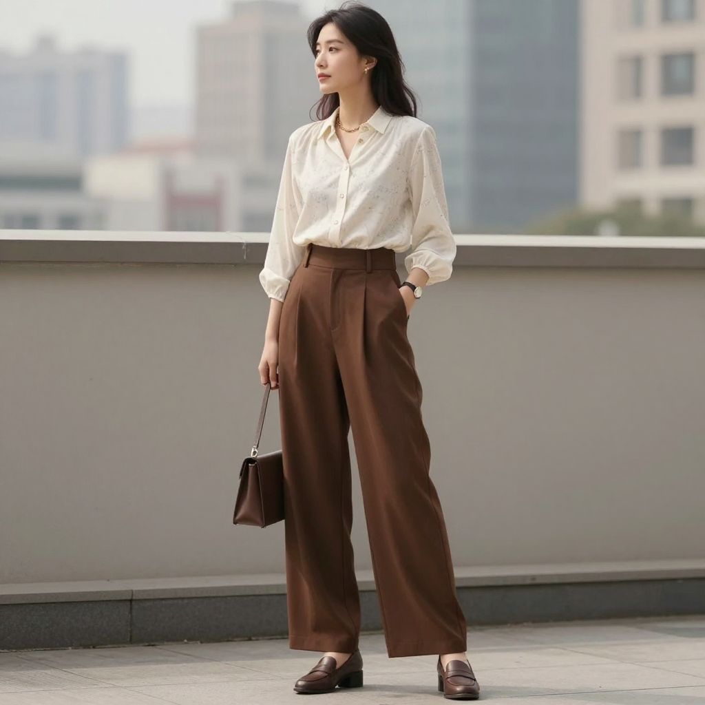 Chocolate Wide Leg Trousers And Printed Blouse
