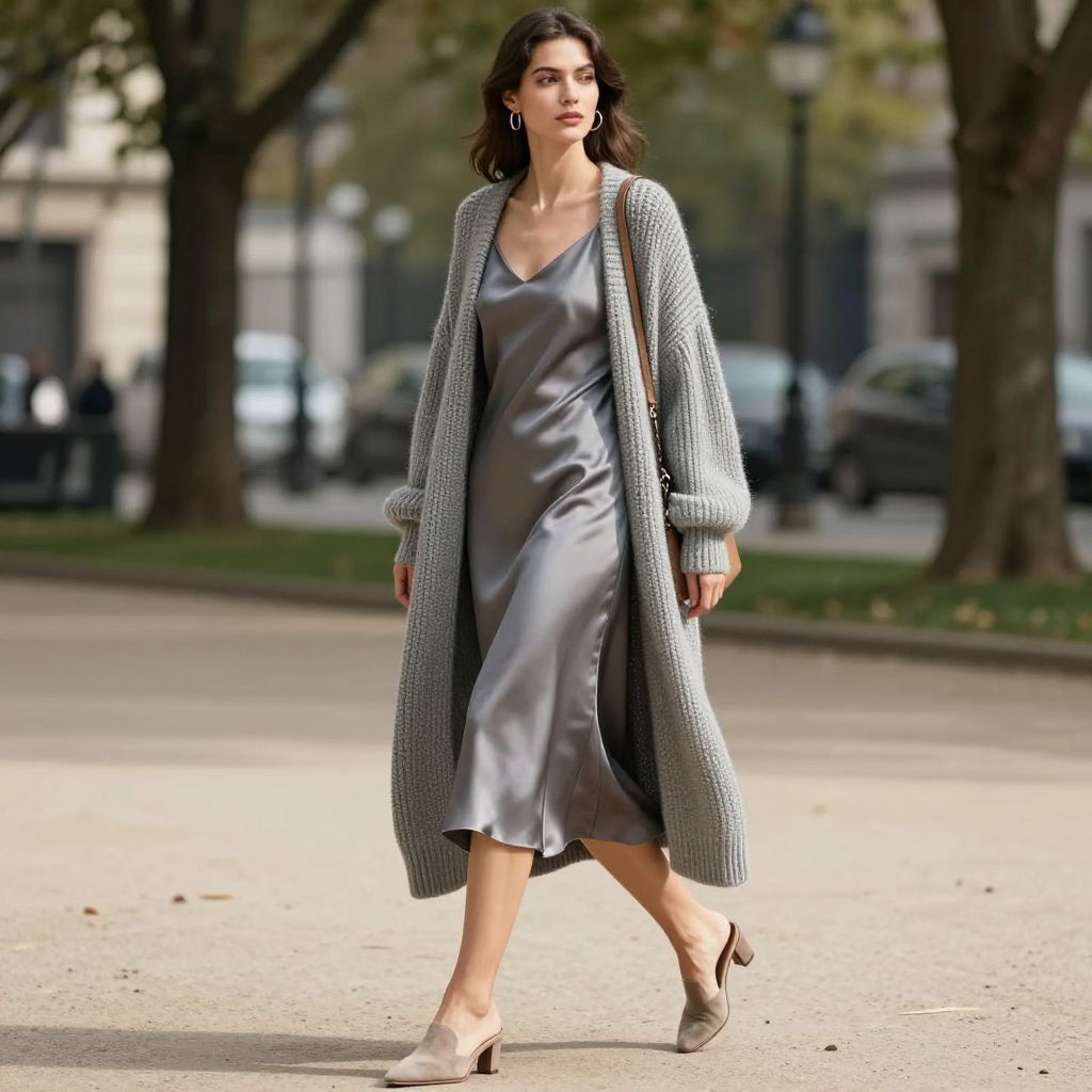 Slate Slip Dress With Longline Cardigan