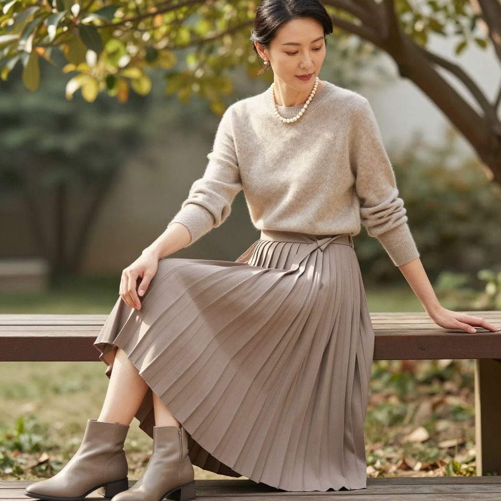 Taupe Pleated Skirt And Cashmere Crew