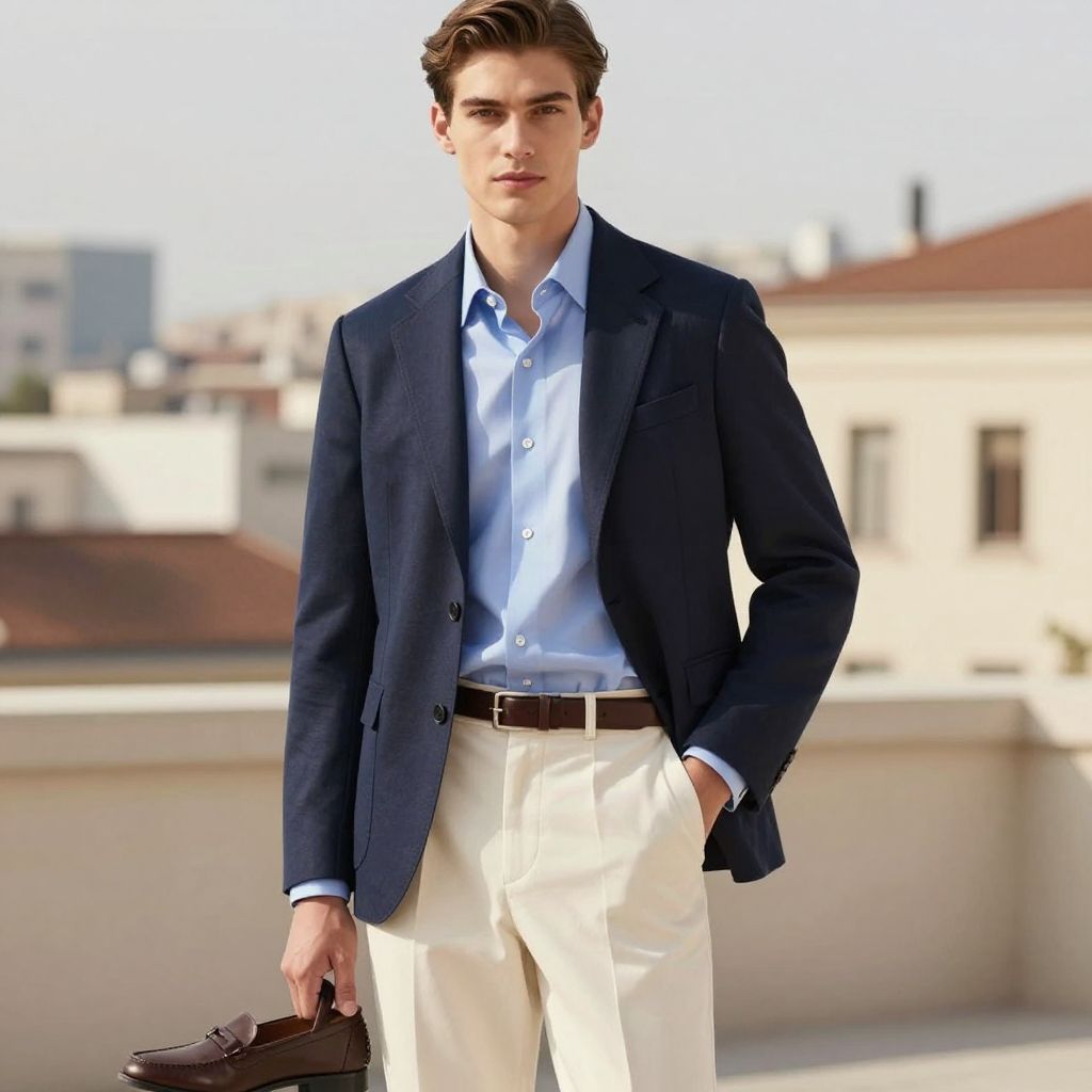 Navy Blazer with Cream Trousers