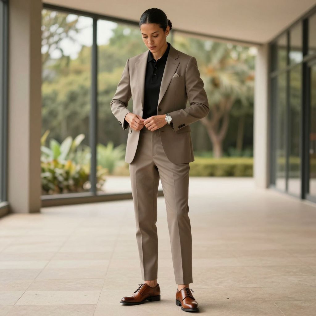 Taupe Suit with Black Knit Polo