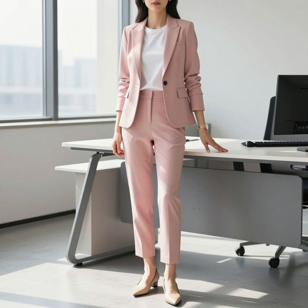 Blush Suit With White Crew Neck Tee