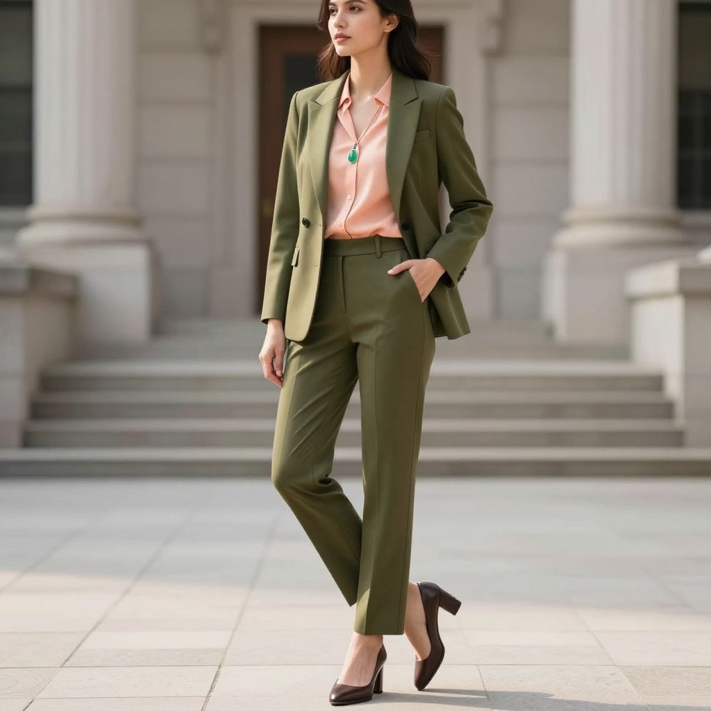 Olive Suiting With Soft Peach Blouse