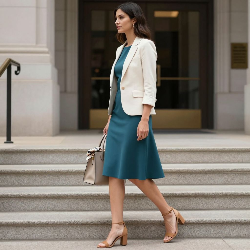 Ivory Blazer Over Teal Midi Dress