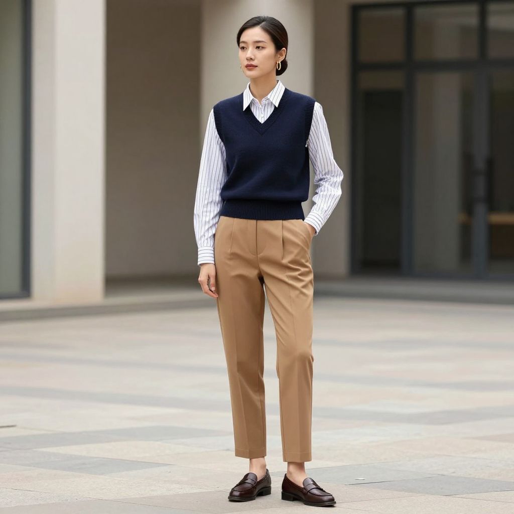 Camel Trousers And Striped Cotton Shirt