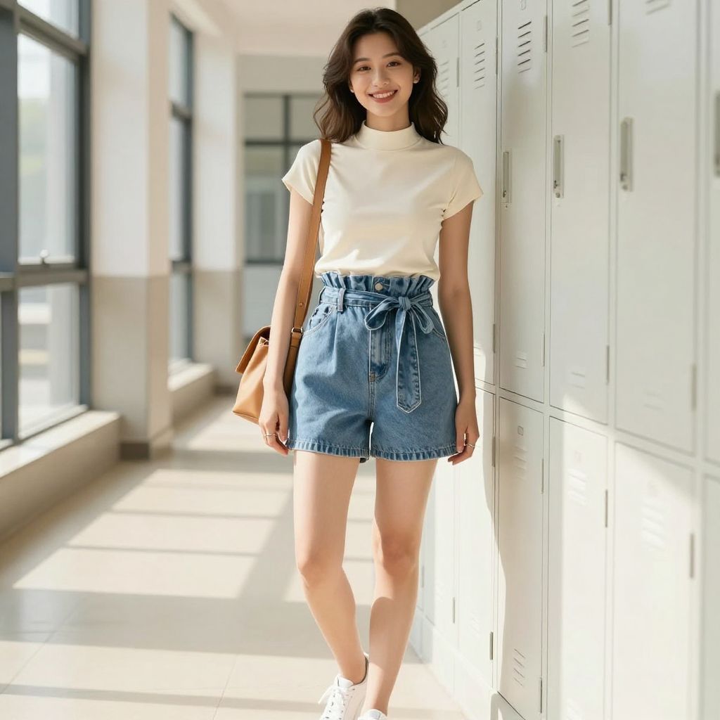 Mock Neck Top And Paper Bag Waist Shorts