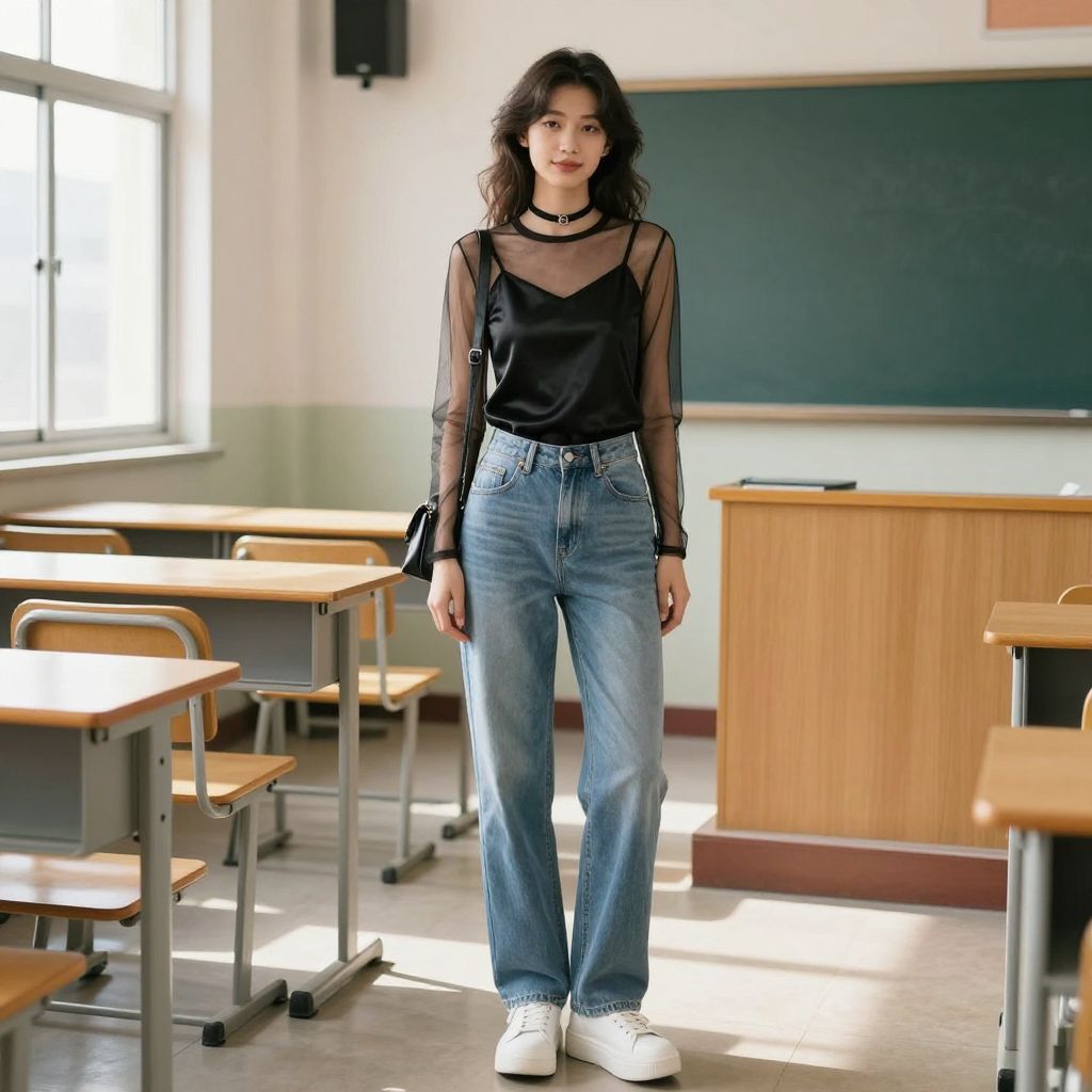 Sheer Mesh Top Under Slip Tank And Jeans