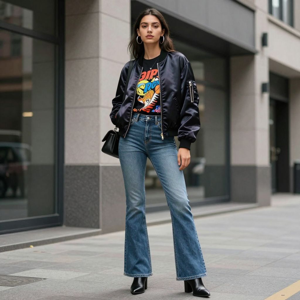 Satin Bomber Over Printed Tee And Flared Jeans