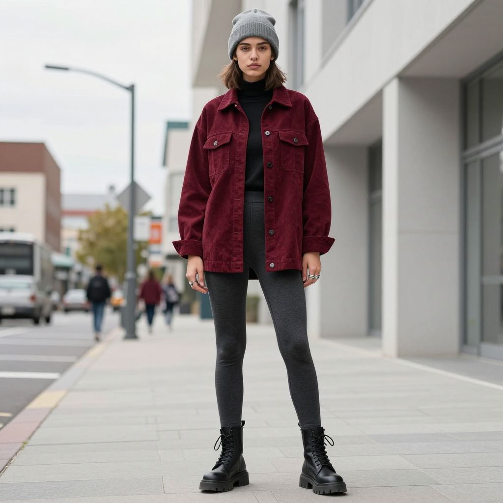 Corduroy Shacket With Thermal Leggings And Combat Boots