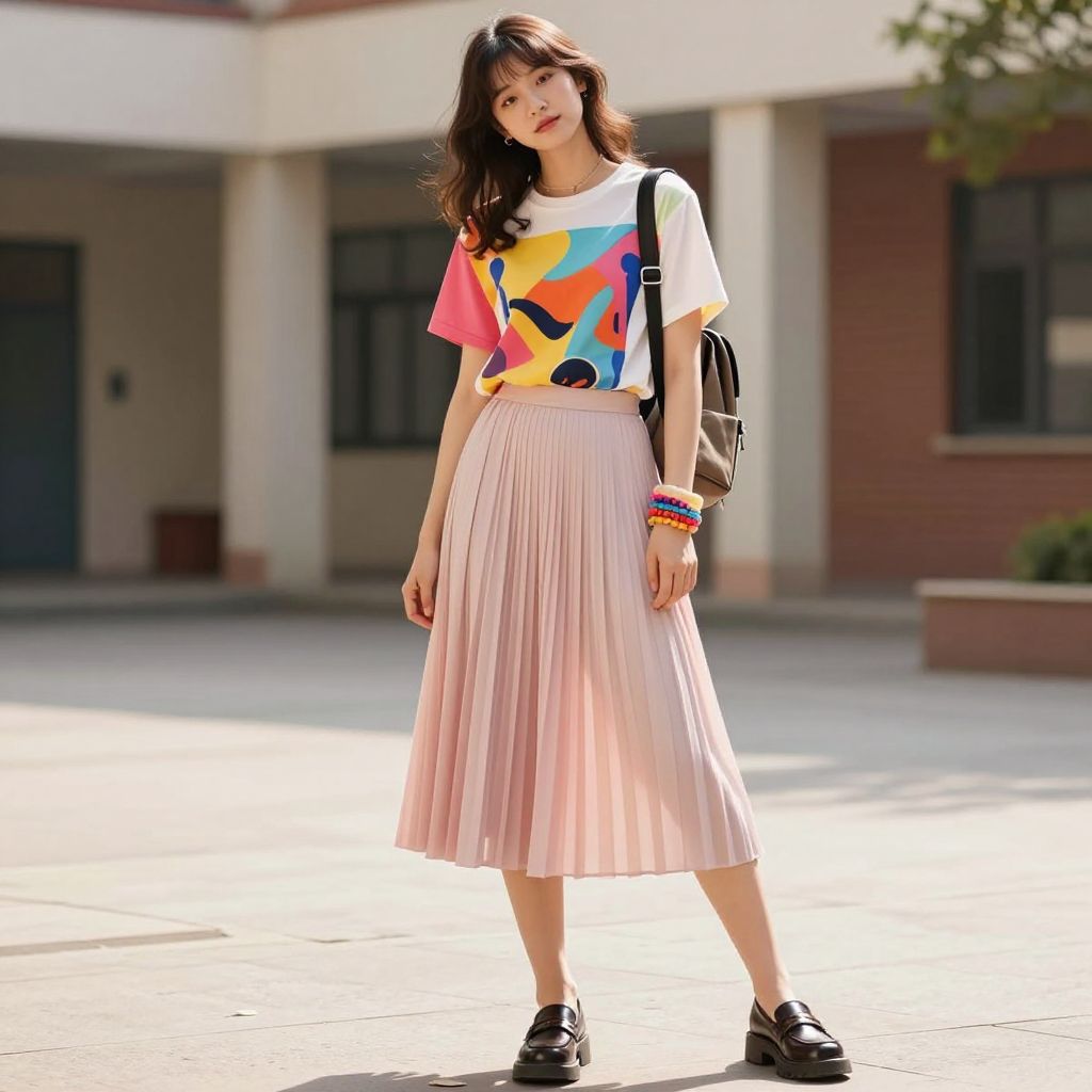 Graphic Tee And Pleated Midi Skirt