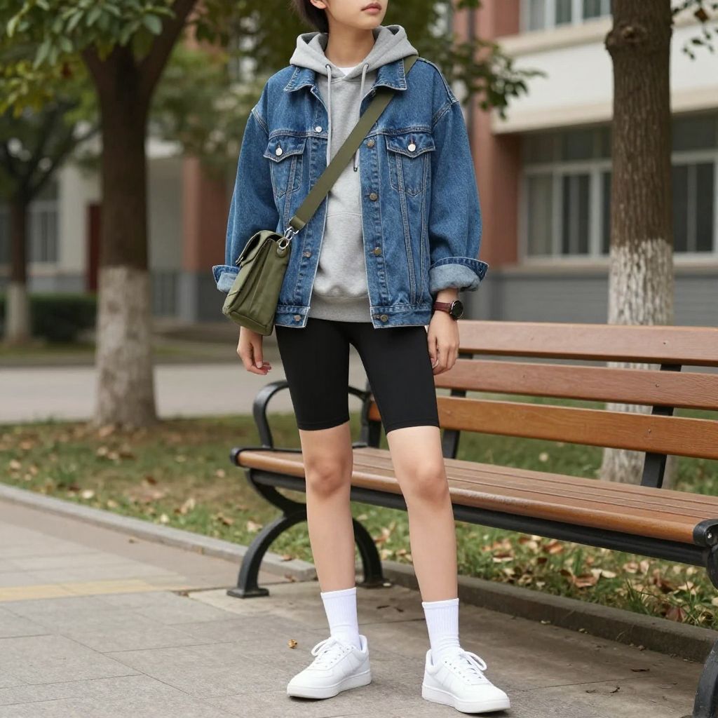 Denim Jacket Over Hoodie And Bike Shorts