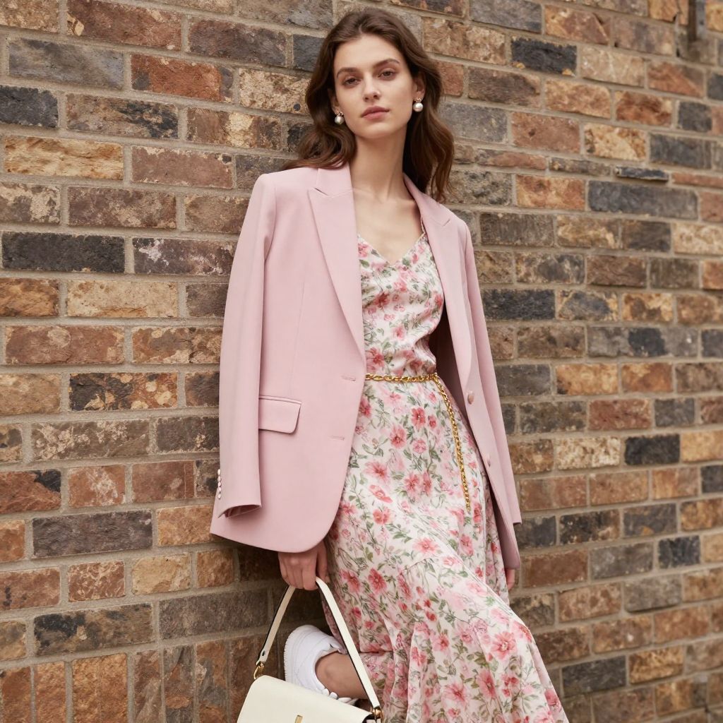 Blazer With Printed Slip Dress And Sneakers