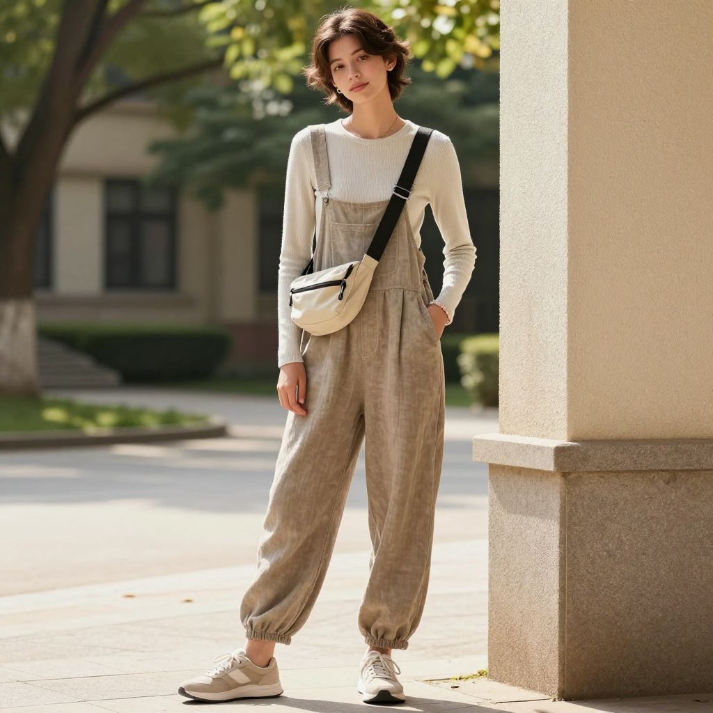 Thermal Long Sleeve Tee With Linen Overalls