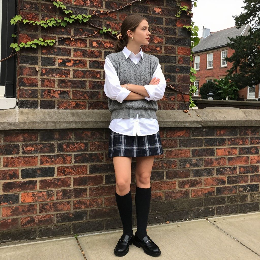 Knit Vest Over Crisp Button Shirt And Mini Skirt