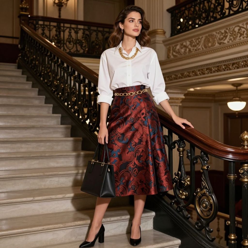 Crisp White Shirt And Brocade Skirt image