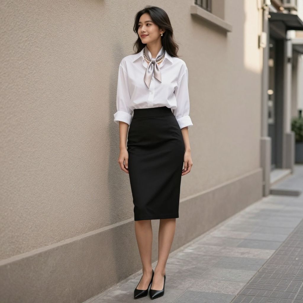 Classic Pencil Skirt With Button Front Shirt