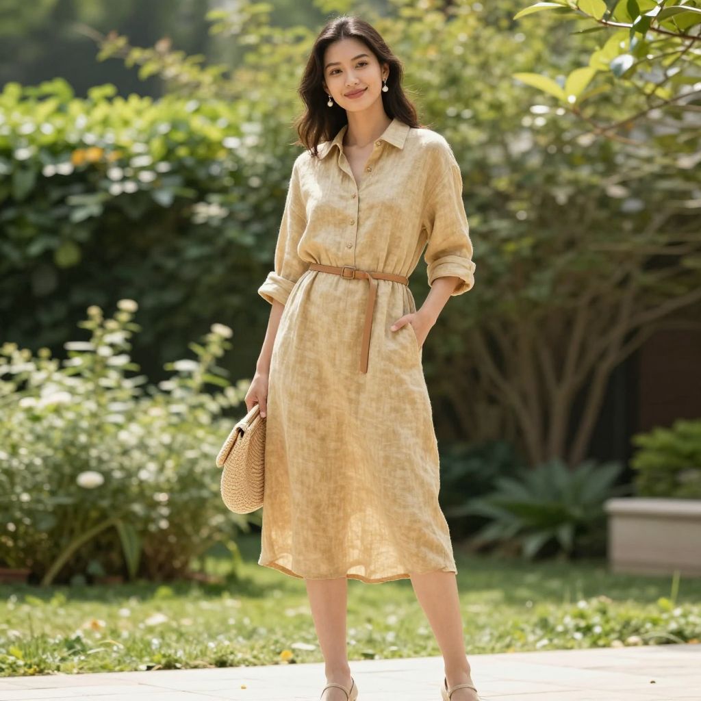 Linen Shirt Dress With Waist Cinch