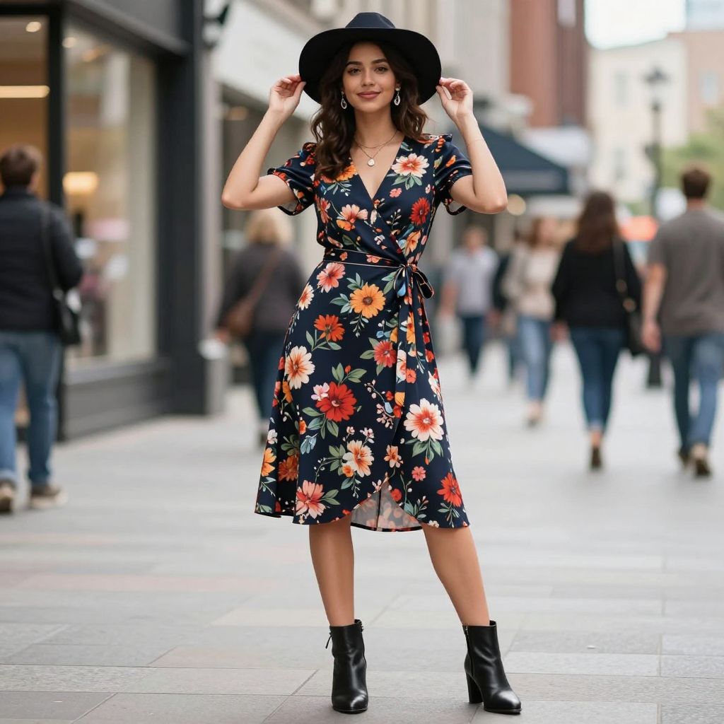 Floral Wrap Dress and Ankle Boots
