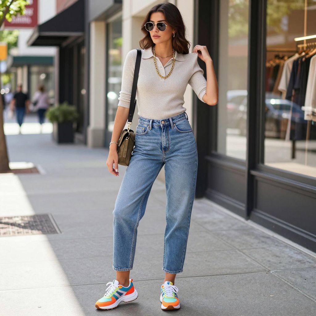 Polo Sweater and Sporty Sneakers with Barrel Jeans