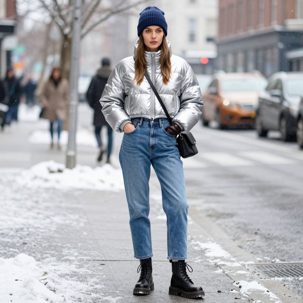 Cropped Puffer and Beanie with Barrel Jeans