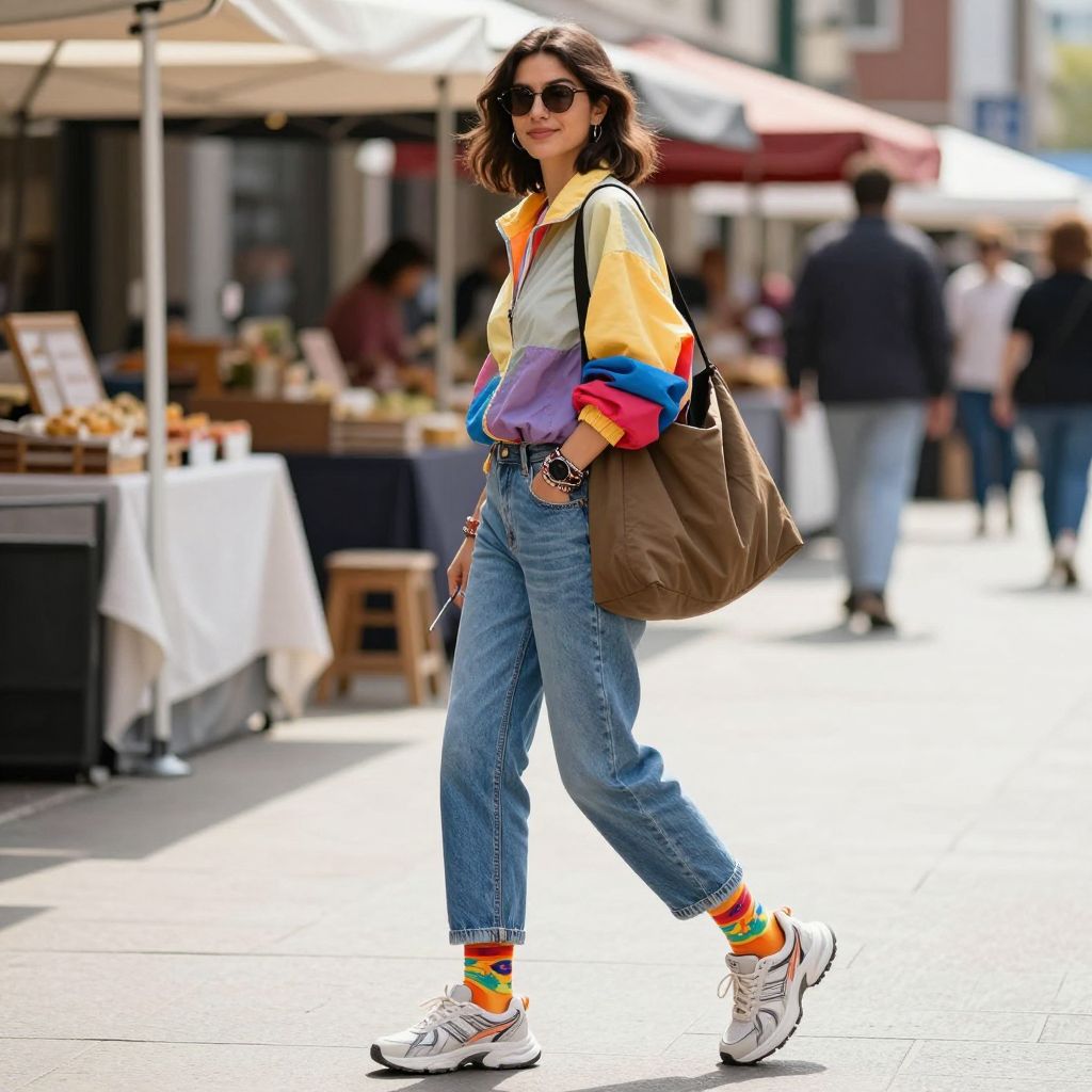 Sporty Windbreaker and Dad Sneakers with Barrel Jeans