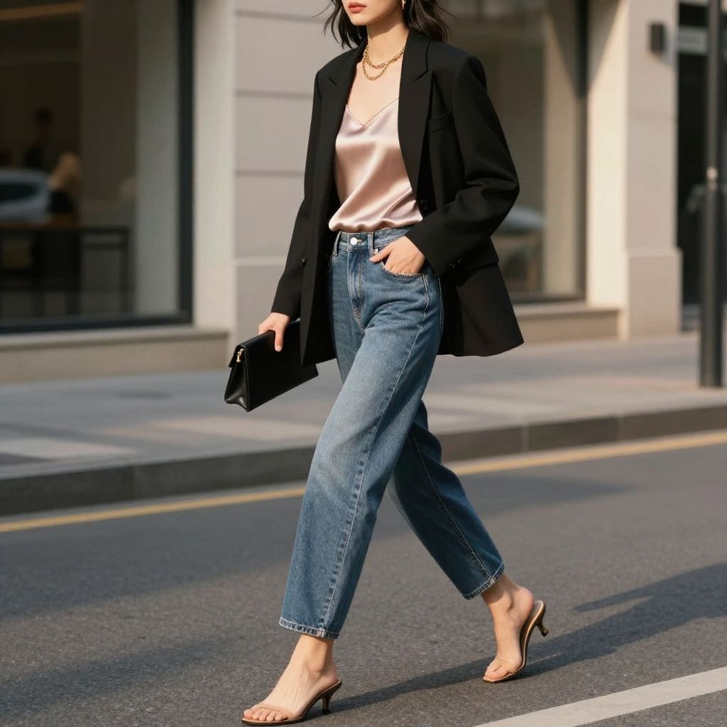 Silk Camisole and Blazer with Barrel Jeans