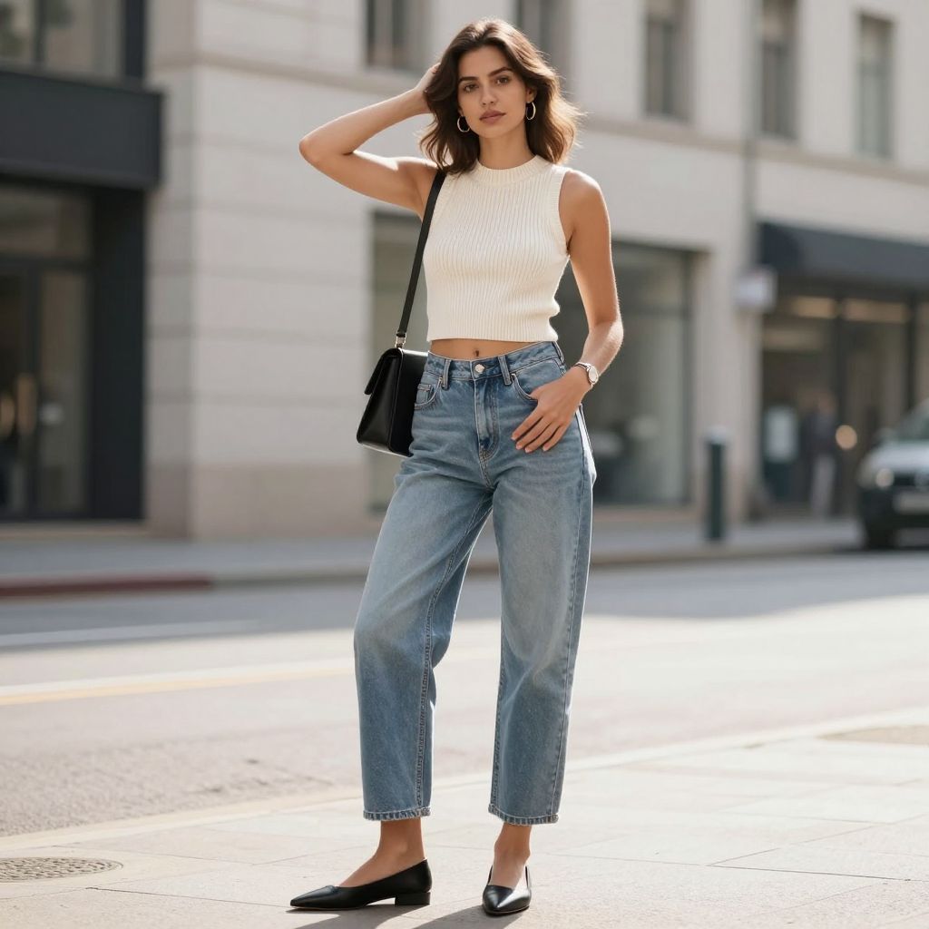 Cropped Knit and Pointy Flats with Barrel Jeans