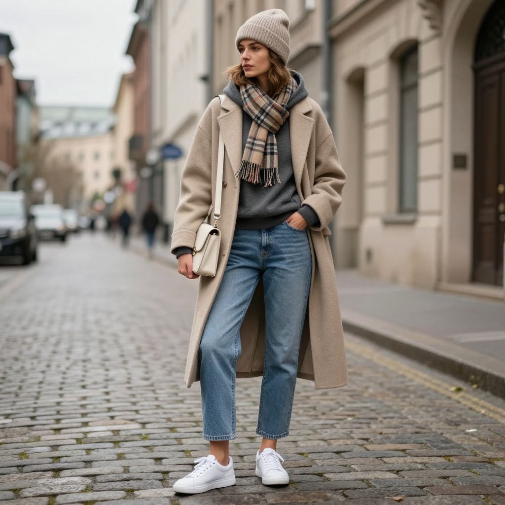 Soft Hoodie and Sleek Coat with Barrel Jeans