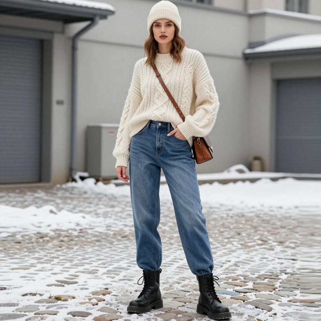 Chunky Fisherman Sweater and Combat Boots with Barrel Jeans