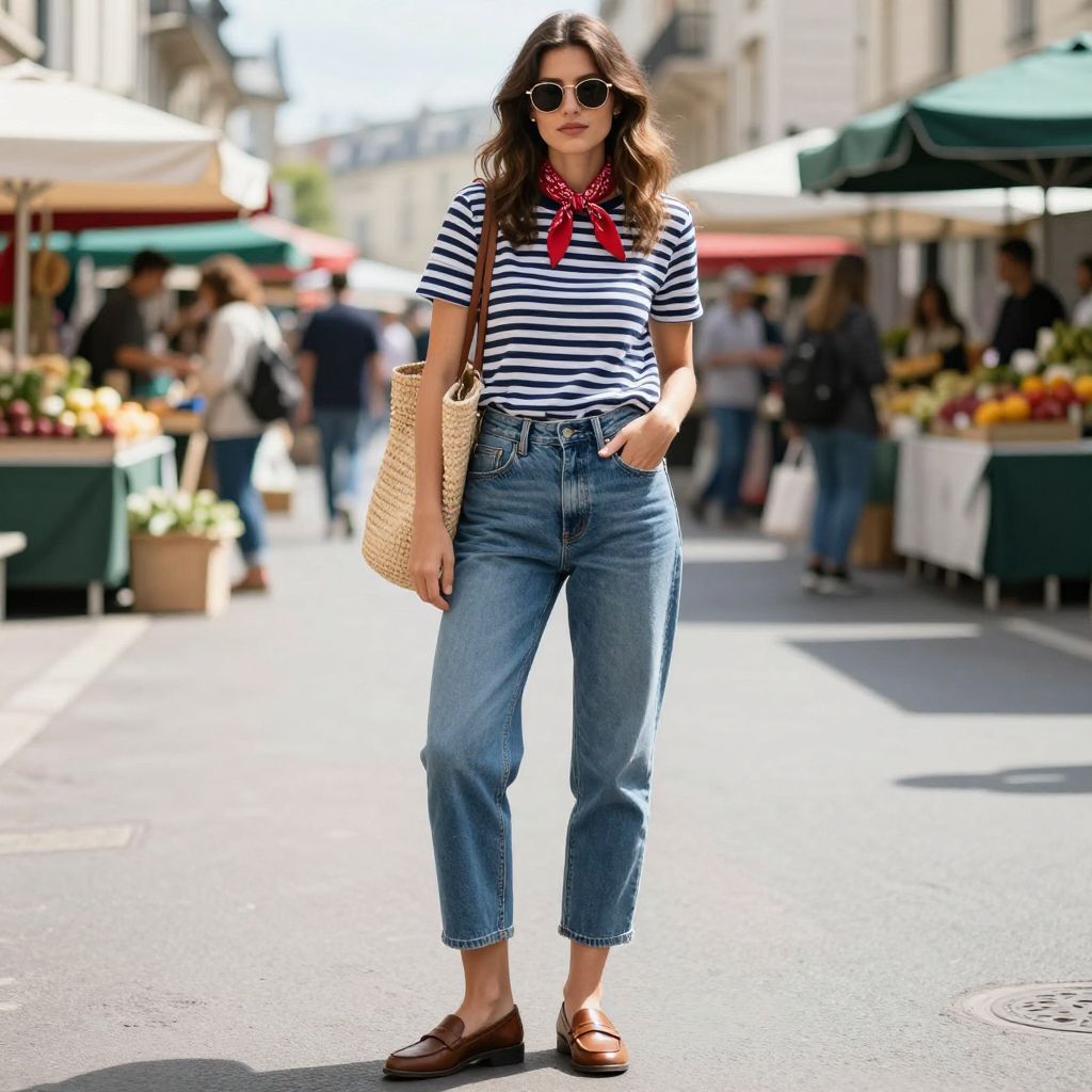 Striped Breton and Loafers with Barrel Jeans