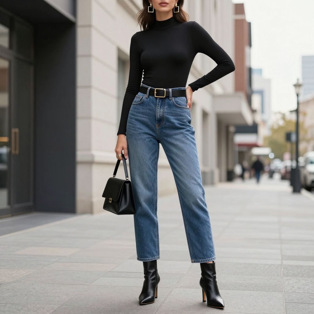 Sleek Bodysuit and Statement Belt with Barrel Jeans