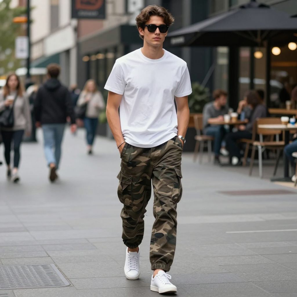 Classic white tee and sneakers with camo pants