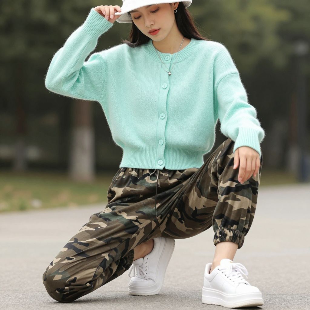 Pastel cardigan and platform sneakers with camo pants