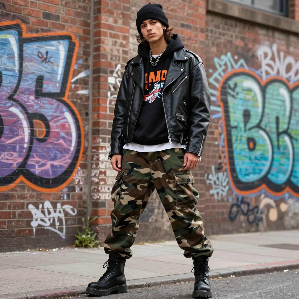 Graphic hoodie and leather jacket with camo pants